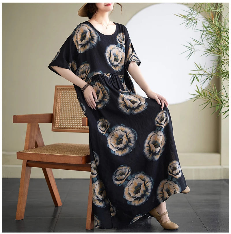 Oversized Summer Bohemian Style Long Dress Women Ruffle Pleated Fashion Flower Print Ladies Dresses Loose Casual Woman Dress