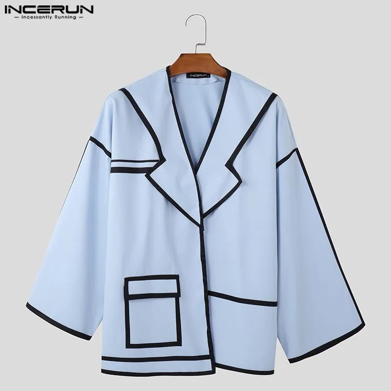 INCERUN Tops 2025 Fashion New Men Patchwork Lines Personality Suit Coat Casual City Walk Male Hot Sale Loose Long Sleeved Blazer