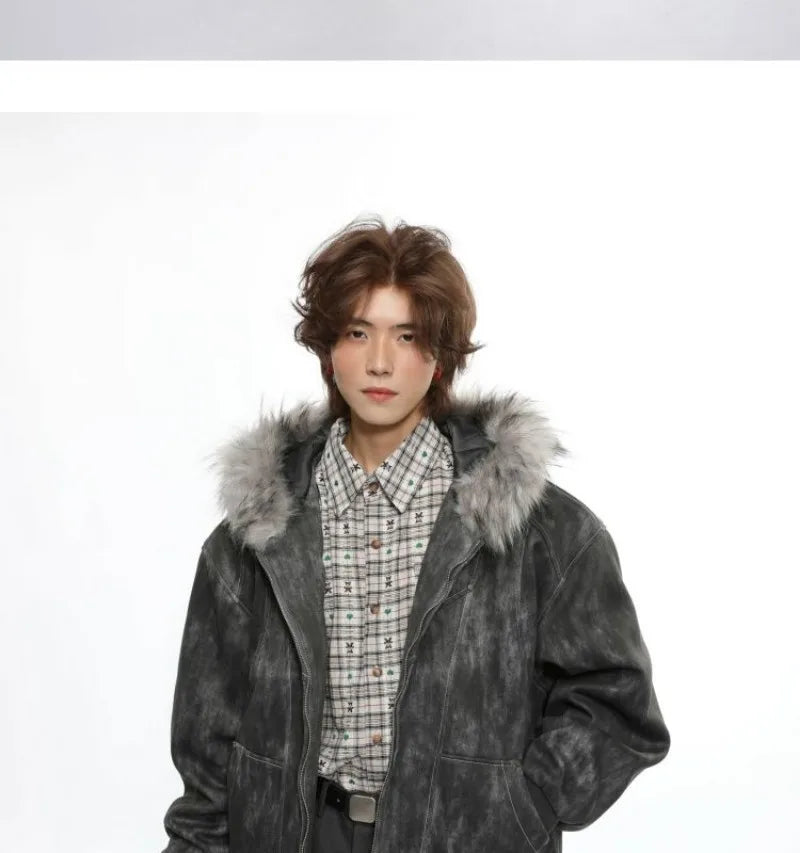 Y2K American New Fashion Solid Color Plus Velvet Padded Cotton-padded Jacket Coat Men Harajuku Hip-hop Popular Casual Couples
