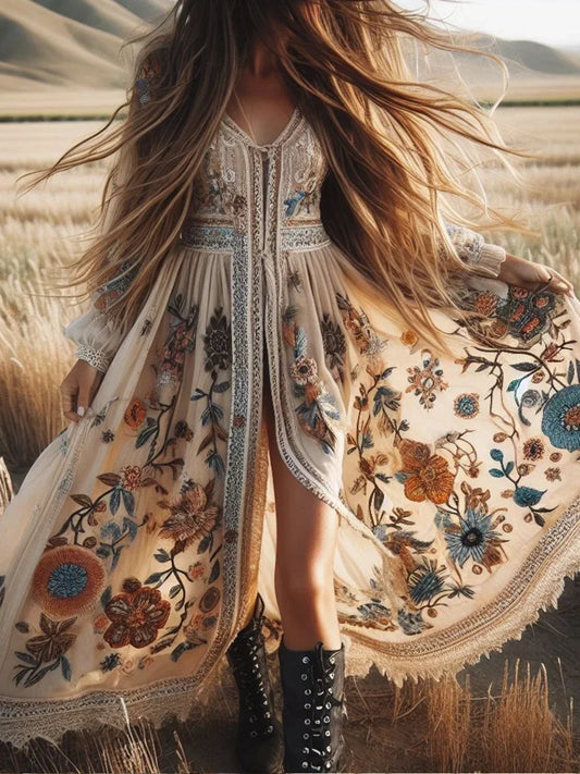 Luxury Elegant Lace Patchwork Boho Women's Long Dress Flower Plants Pattern V Neck Lantern Sleeve Woman's Long Dress for Spring