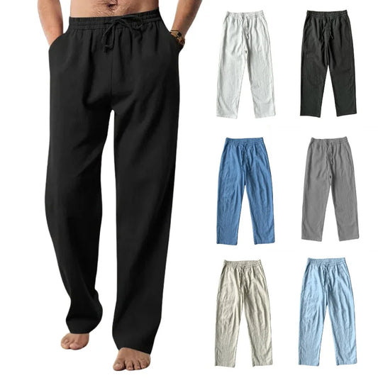 Men's summer cotton and linen loose straight wide-leg pants, casual sports linen long pants, jogging and fitness sportswear