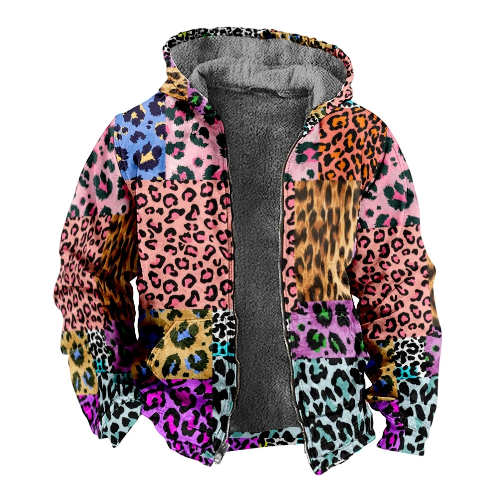 Autumn Winter Fleece Zip Up Hoodies Original Leopard Patchwork Digital Print Men Parka Coat Jackets Outerwear Sweatshirts Street