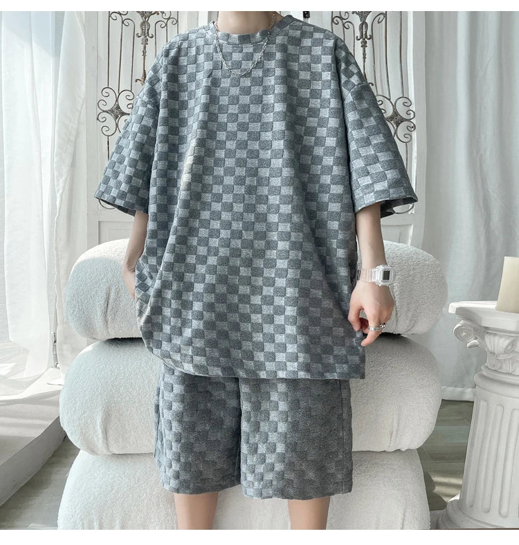 Men's Set Fashion Summer Loose Casual Plaid T Shirts And Shorts High Quality Korean Luxury Clothing Men's Clothes Big Size 5XL-M