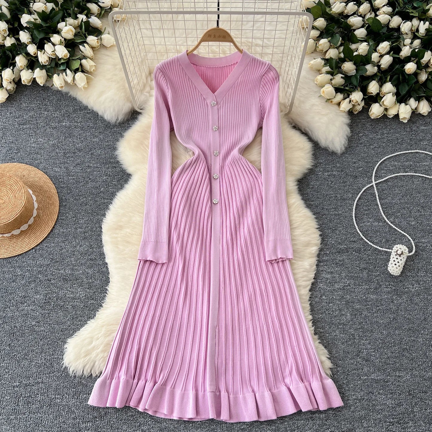 SINGREINY Autumn Knitting Sweater Dress Ladies V-Neck Single Breasted Full Sleeve Soft Slim Senior Knitted Casual Long Dress