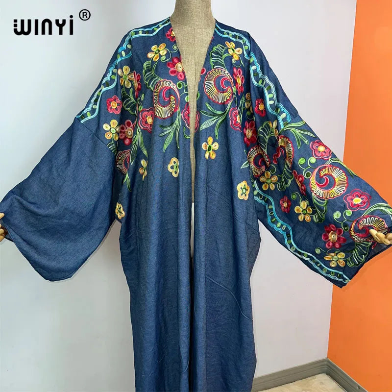 WINYI Embroidered soft denim cardigan Women coat Loose Long Dress elegant Party Boho maxi beach Holiday Swimming Cover Up Kimono