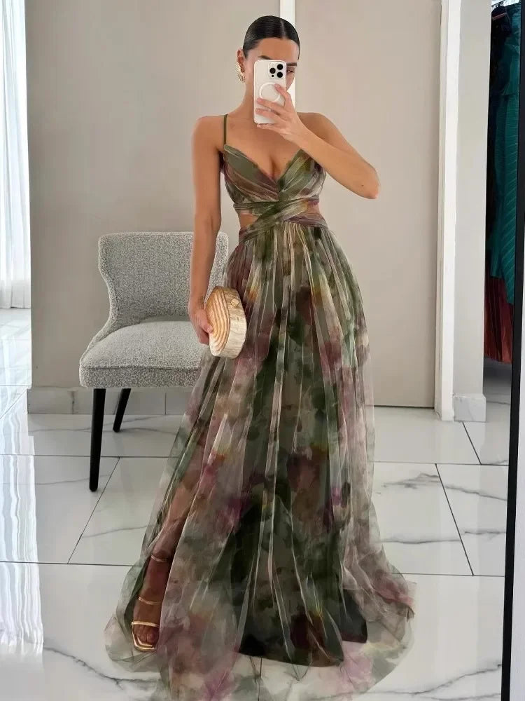 Color Mesh Spaghetti Strap Dresses Women Fashion Sexy V-neck Backless Leace-up Party Club Long Dress Female Evening Vestidos New