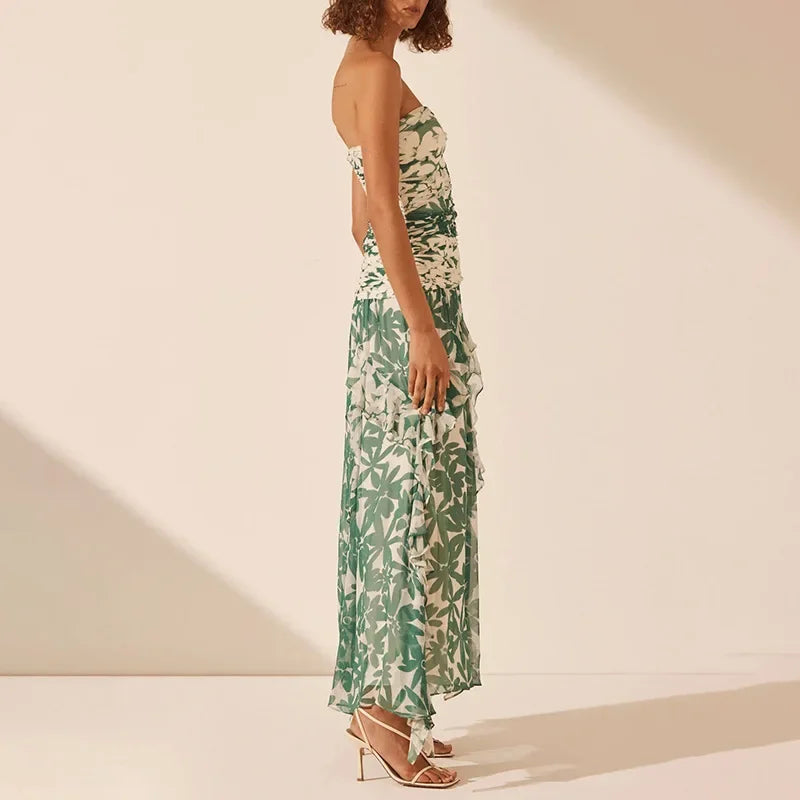 2025spring/summer New Printed Strapless Long Dress with A Stylish Design and Pleated Long Chiffon Dress for Women's Evening Wear