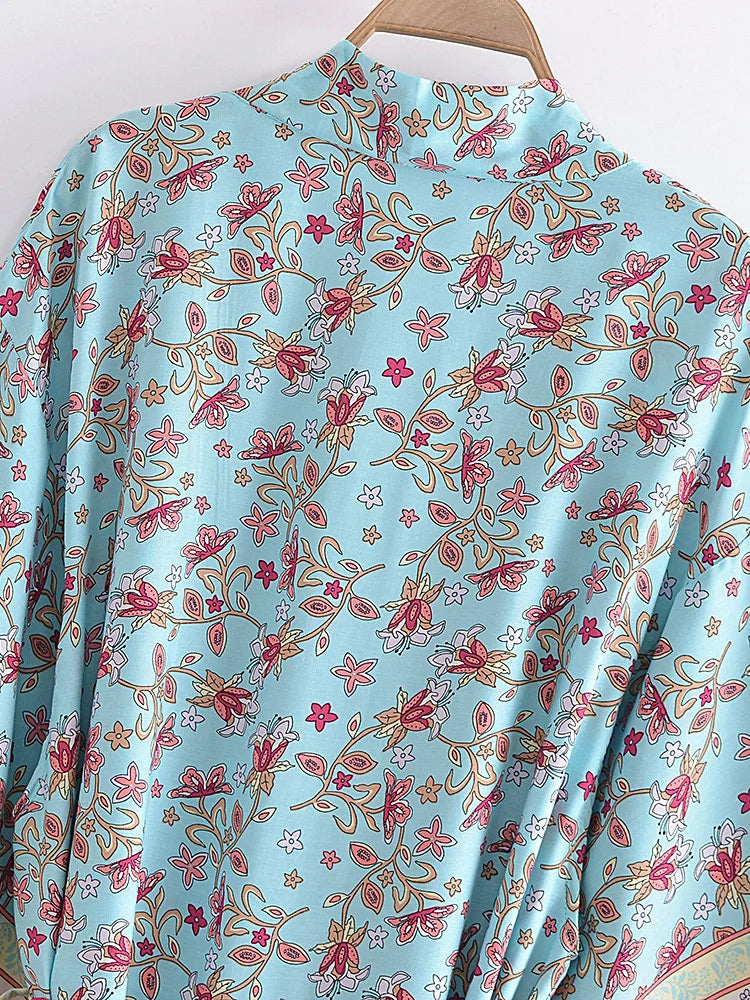 Vintage Chic Women Blue Floral Print Summer Bohemian Kimono Dress Ladies Batwing Sleeves Boho Maxi Bikini Cover-ups Beach Wear