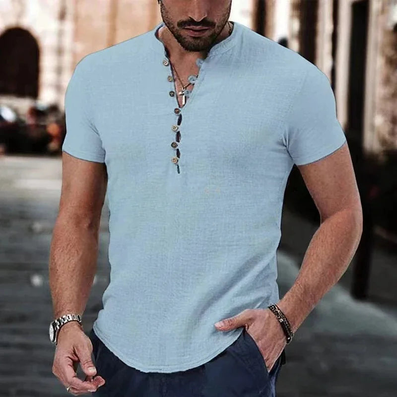 New Men's Short Sleeve T-shirt for Men Button Cotton Linen Shirt Men's Casual Clothes Popular Tops for Men