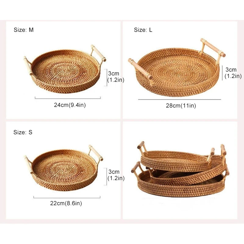 Rattan Tray Round Storage Basket Tray with Handles Natural Hand Woven Baskets Bread Fruit Food Plate Tray Home Kitchen Supplies