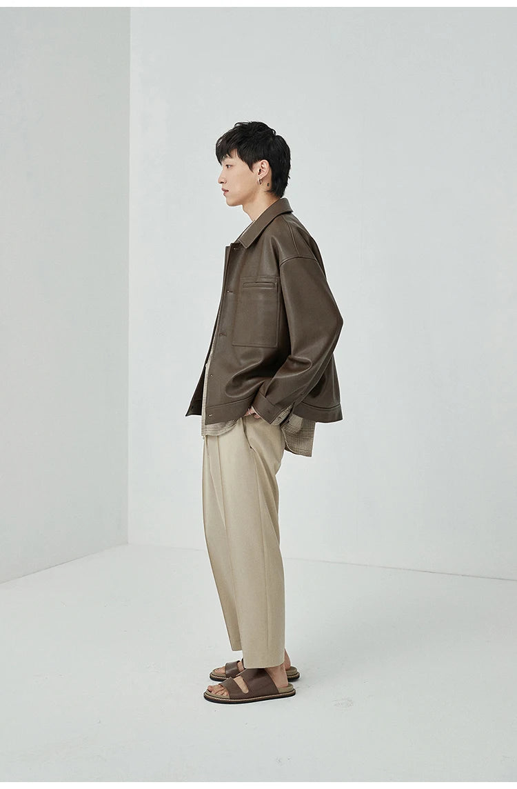 Mauroicardi Spring Autumn Short Oversized Brown Black Soft Faux Leather Jackets for Men Pockets Long Sleeve Korean Fashion 2022