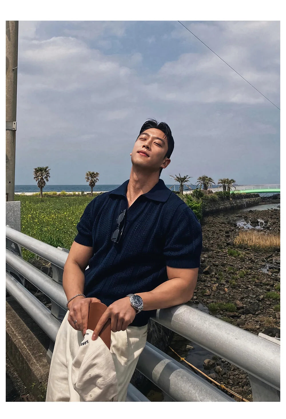 Men's Clothing Luxury Korean Popular Hollow Out Polo Shirt Leisure V Neck Short Sleeve Solid Color Retro Streetwear Knitwear