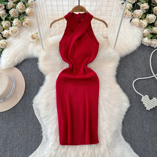 Solid 2024 Cross Knitted Women Dress Summer Strap Sleeveless Bodycon Dress Europe Style Halter Ladies Sexy Midi Long Dress