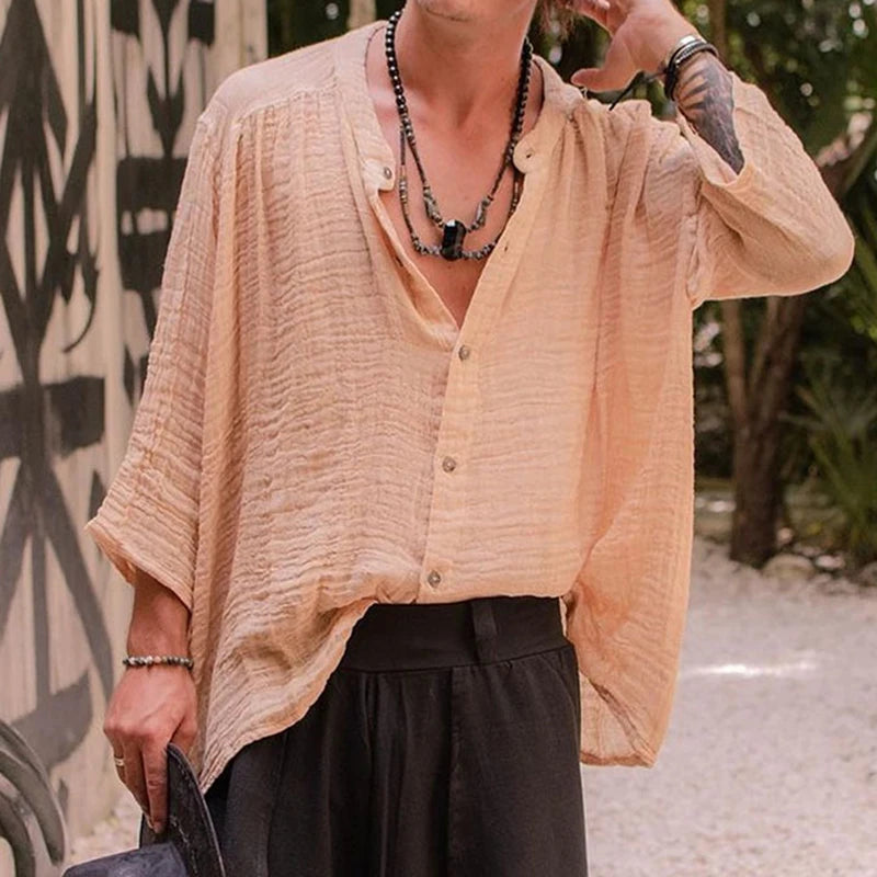 Cotton Linen Shirt Men's Vintage Stand Collar Buttoned Tops Beach Loose Shirts For Men Loose Solid Half Sleeve Casual Clothes