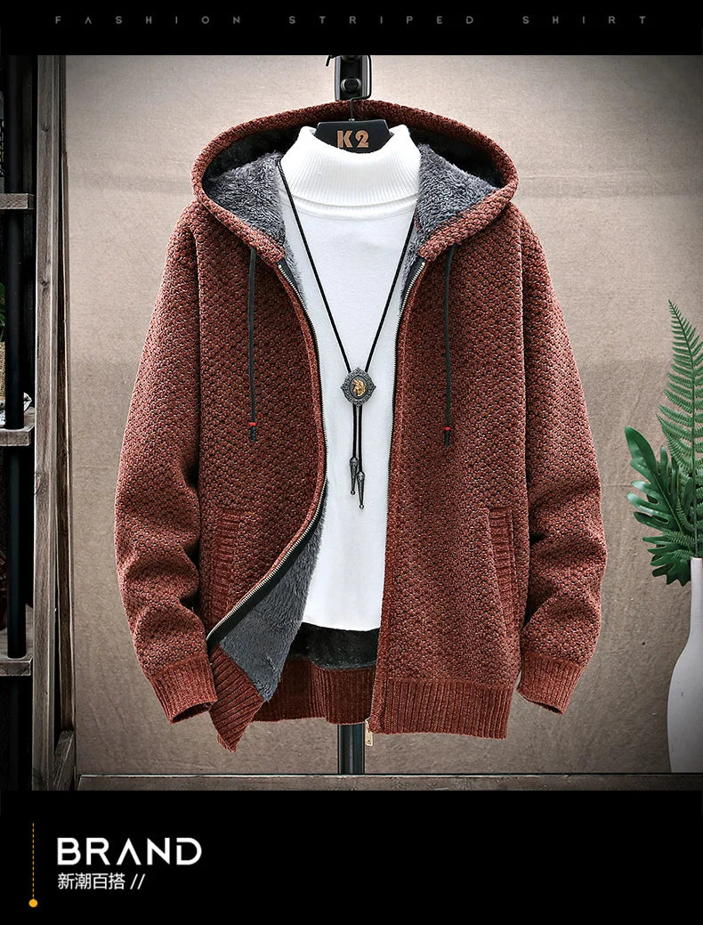 Men Cardigan Winter Hooded Solid Sweater Autumn Winter Fleece Warm Casual Sweatercoat Male Zipper Knitted Cardigans Men Clothing