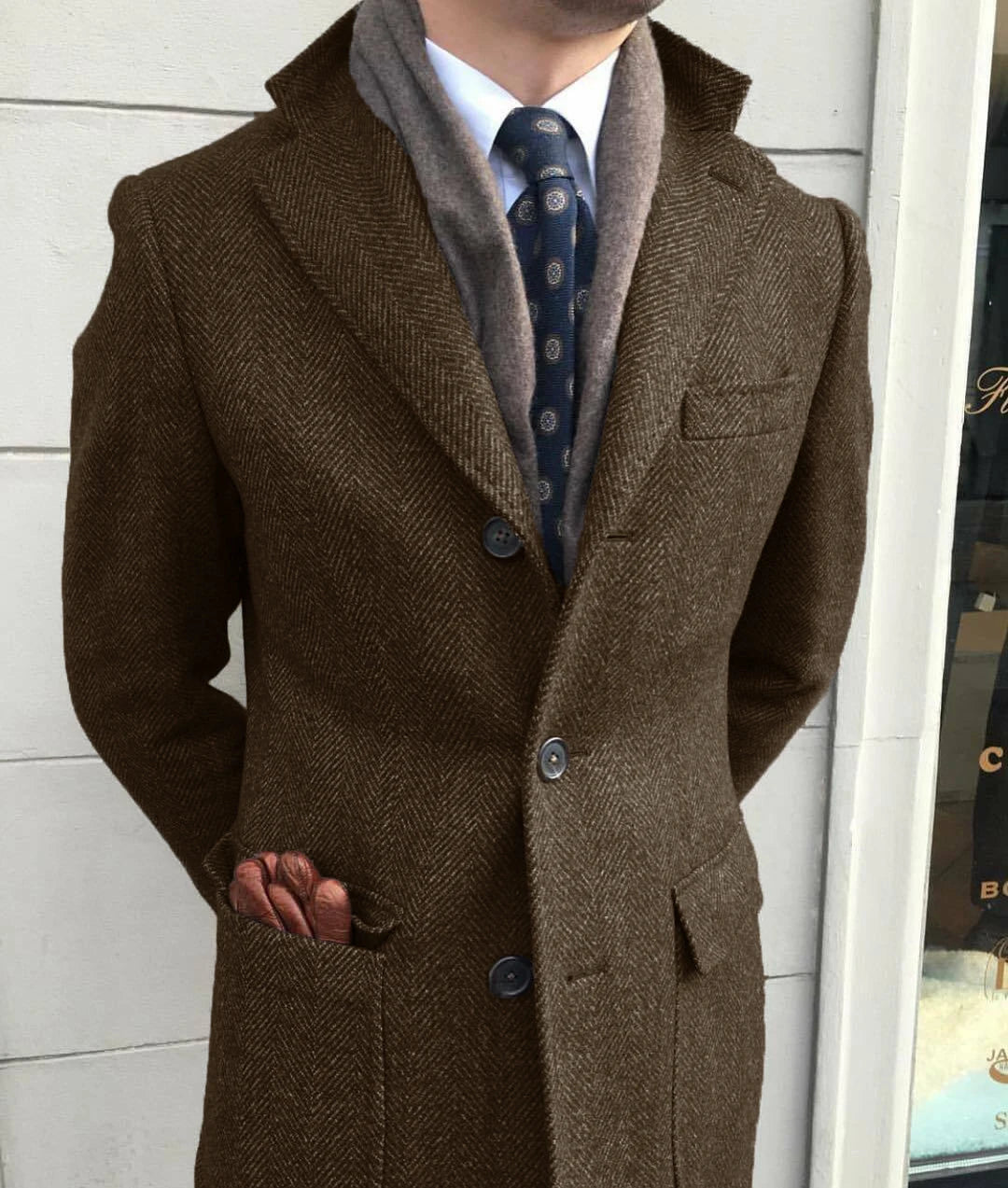 Men's Windbreaker Classic Herringbone Tweed Wool Blend Suit Jacket Winter Warm Long Coat Outdoor Sports Coat erkek mont