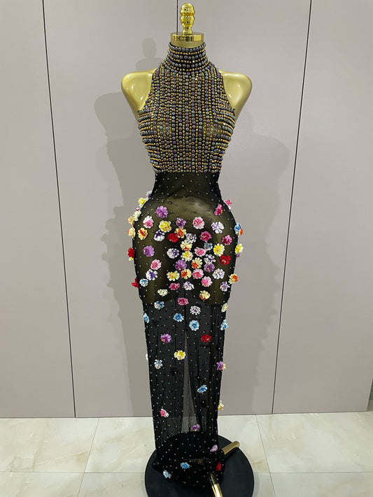 Sparkly Rhinestones Flowers Sexy See Through Long Dress 2025Women Birthday Celebrate Wedding Evening Prom Dress Photo Shoot Wear