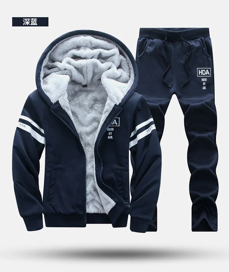 2025 Men's Thicken Warm Tracksuit Set Cardigan Fleece Hood Jacket+Pants Sweatshirts Male 2 Piece Sets Hoodies Suit Coat Big Size