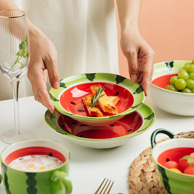 Watermelon Bowl Ceramic Bowl Plate Set Home Ramen Bowl Cute Hand-painted Tableware Children's Rice Bowls Kitchen Accessories