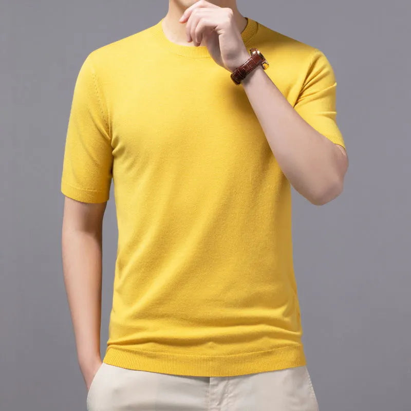Superfine Merino Cashmere Knitted O-neck T-shirt for Men's Clothing Short Sleeve Tee Solid Color Trend Leisure Tee Tops ﻿