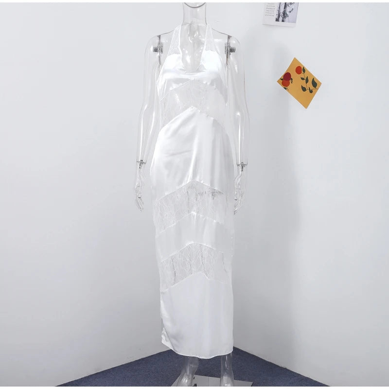 New Sexy Lace V-neck Sling Long Dress Women Retro Black Perspective Sleeveless Patchwork Maxi Dresses Female Chic Street Party