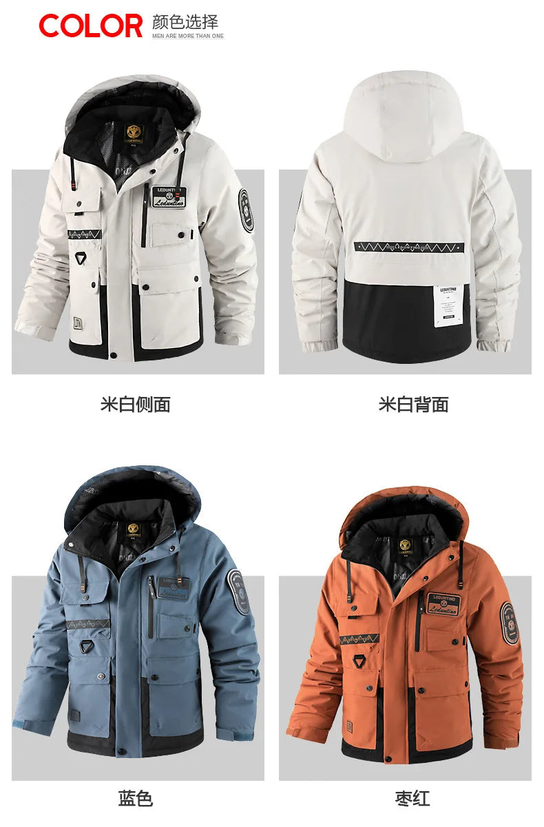 New men's thick padded jacket outdoor warm padded jacket winter men's large size hooded jacket waterproof
