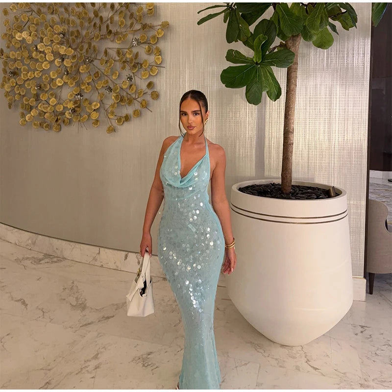 Elegant Sequin Halter Long Dress Women Sexy Bule Backless Sleeveless Slim Asymmetrical Beach Dresses Lady Chic Party Holiday
