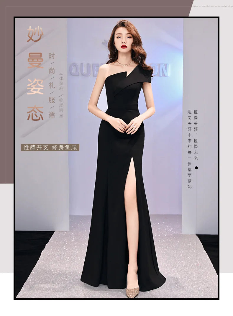 Host evening dress, light luxury, niche one shoulder black long dress, fishtail, one shoulder dress, female