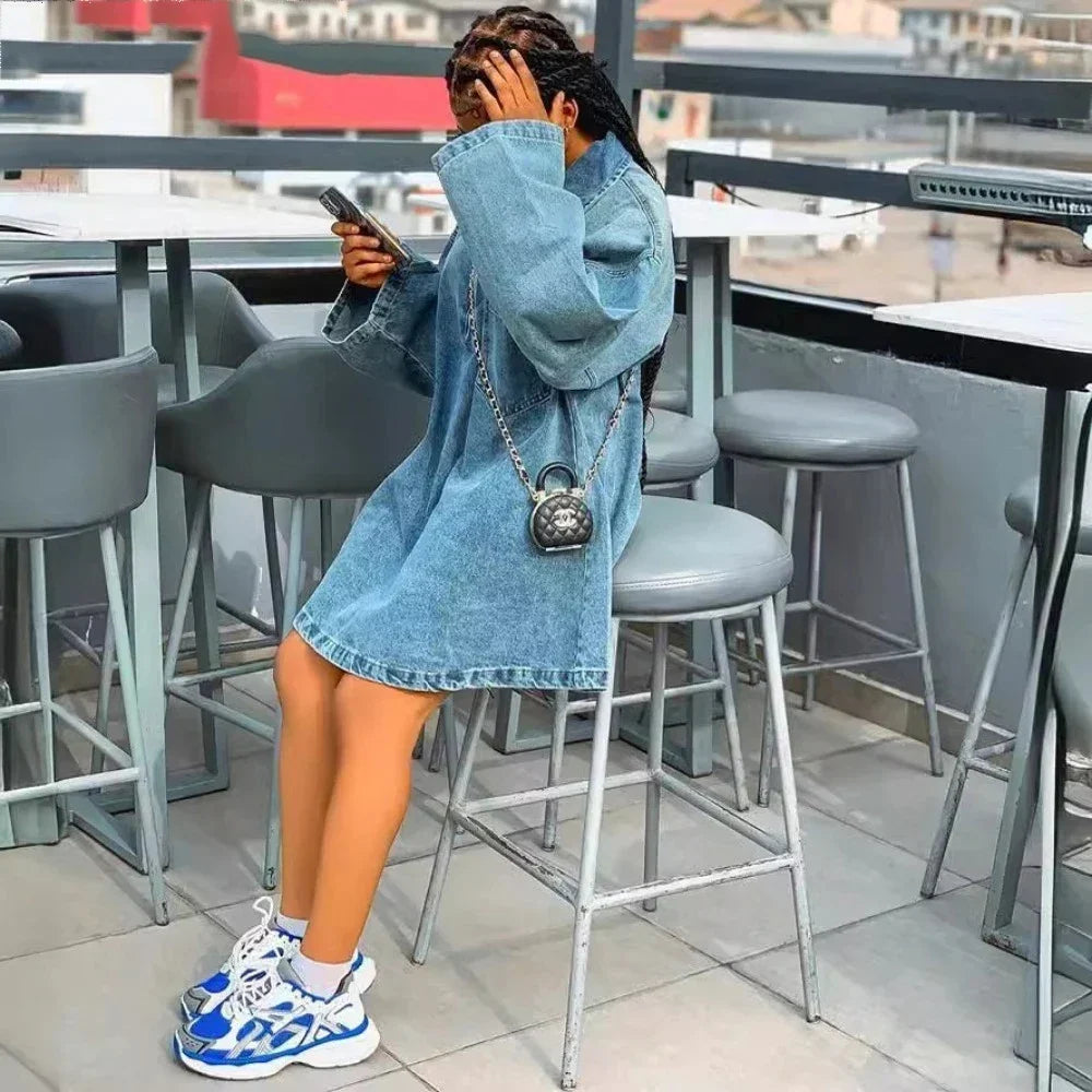 Women's Denim Dresses Lapel Zip Mini Long Sleeve Dresses Fashion Casual Loose Patch Pocket Party Commuter Denim Dresses