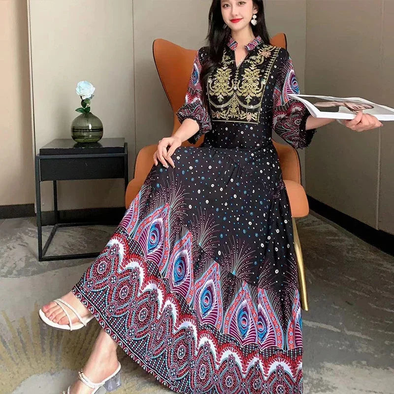 Summer Autumn Robe Maxi Long Dress Women Indian Clothes Boho Cotton Print Floral Boho Korean Style Fashion Casual Vestido Largos