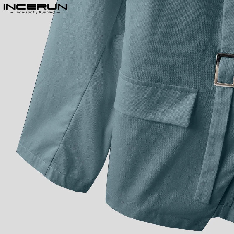 INCERUN Tops 2025 American Style Fashion Men Hollow Button Design Suit Coat Casual Streetwear Solid Long Sleeved Lace Up Blazers