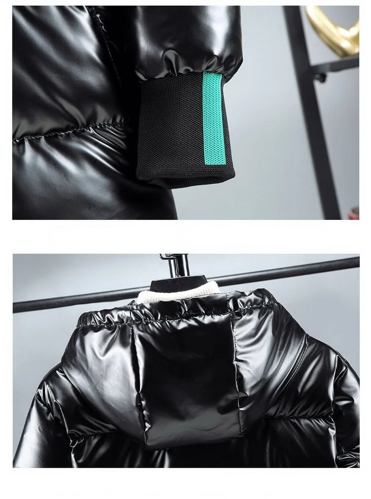 Men's Mid Length Cotton Down Jacket, Thick Down Overcoat, Glossy Coat, Quilted Hoodie, Hat, Winter Trend, Casual, New