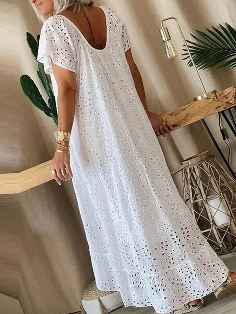 Women's Casual White Swing Party Dresses YK2 Ladies Elegant O-neck Hollow Long Dress Vestidos Summer Loose Short Sleeve Dress