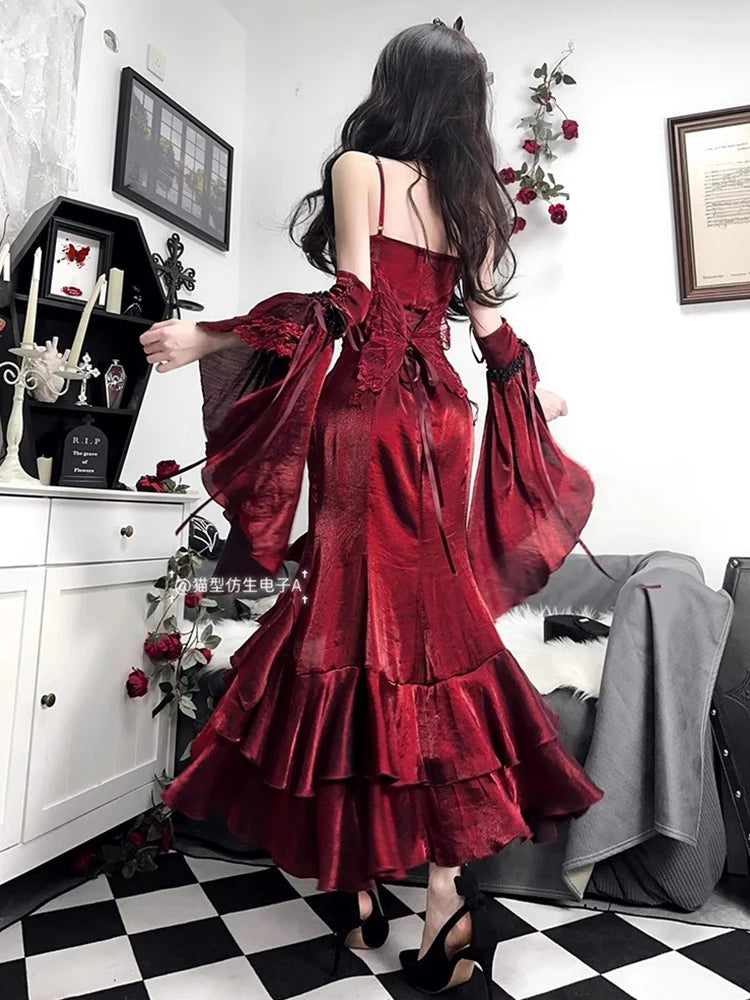Red Lolita Fishtail Dress Womens High Waist Slim Fit Elegant 3D Rose Irregular Long Dress Lady Gothic Dress Spring and Summer