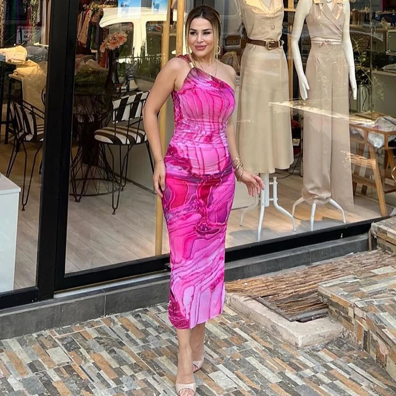 CUTENOVA Sexy Slash Collar Gradient Print Long Dress Summer Chic One-Shoulder Backless Party Dresses Sleeveless Hollow Slim Fit