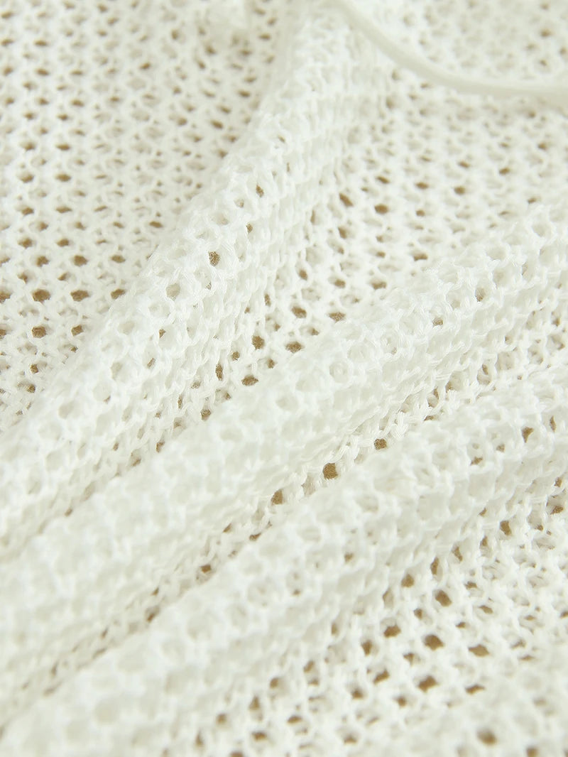 2024 White Crochet Tunic Bikini Cover-ups Sexy Hollow Out Long Dress V neck Women Summer Clothes Beach Wear Knitted Cover Up