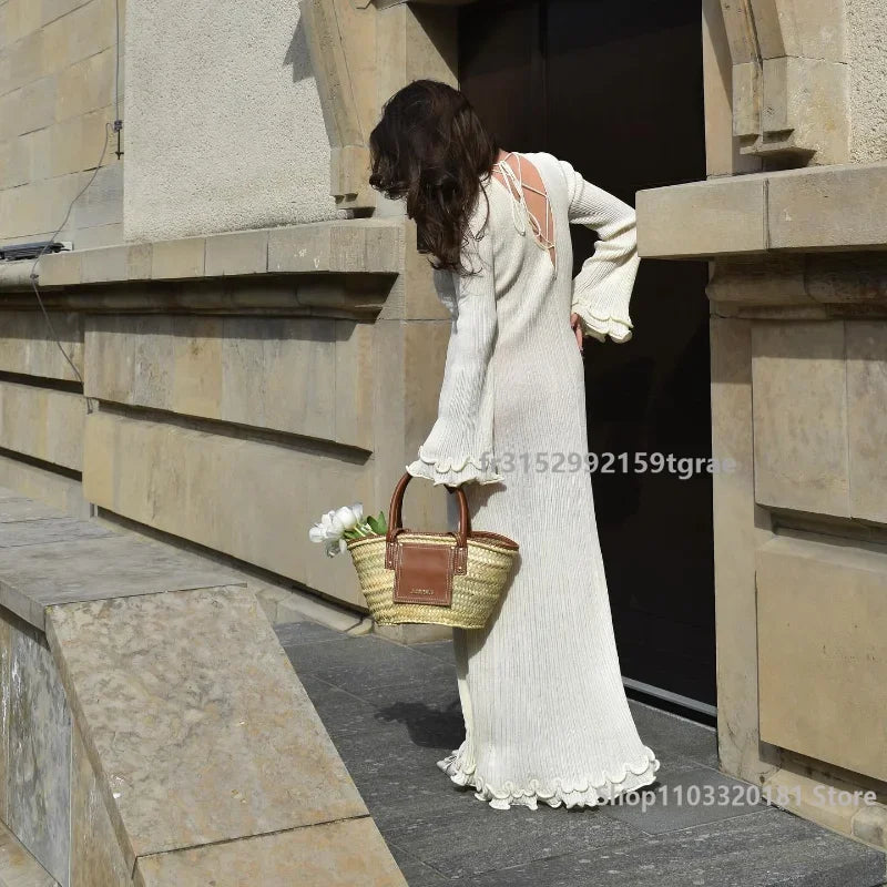 Fashion Solid Ruffles Pleated Loose Long Dress Women Elegant Round Neck Flare Long Sleeves Maxi Dresses Lady High Street Wear