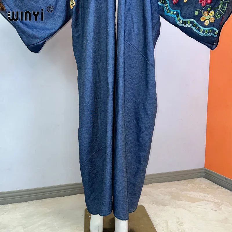WINYI Embroidered soft denim cardigan Women coat Loose Long Dress elegant Party Boho maxi beach Holiday Swimming Cover Up Kimono
