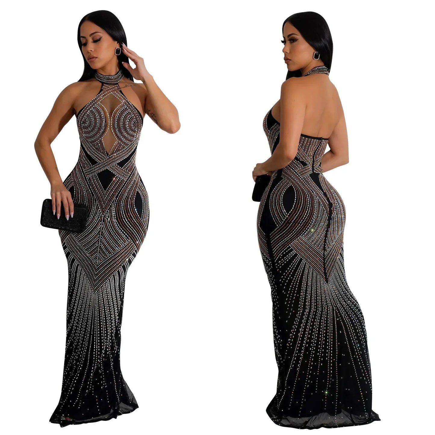 Fashion Women's Wear Solid Color Mesh Hot Rhinestone Halter Maxi Dress Sleeveless Formal Evening Long Dress Skinny Slim