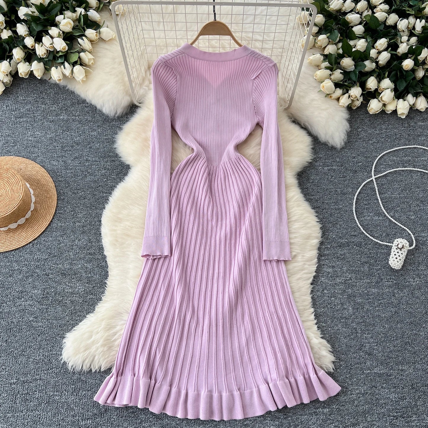 SINGREINY Autumn Knitting Sweater Dress Ladies V-Neck Single Breasted Full Sleeve Soft Slim Senior Knitted Casual Long Dress