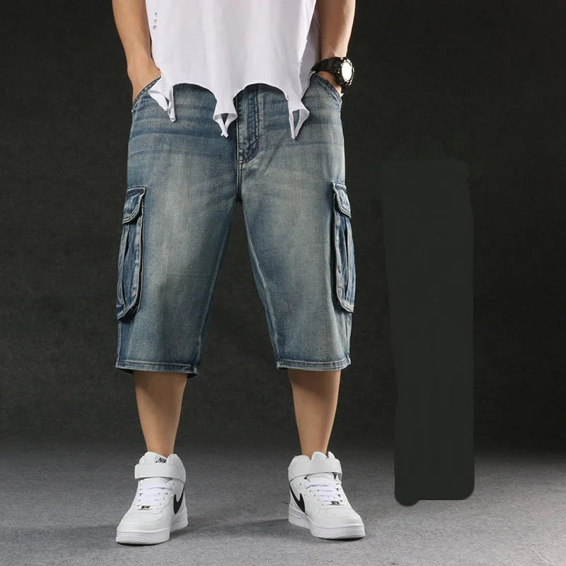 2025 new European and American multi pocket workwear seven quarter denim shorts for men with wide legs and loose denimt
