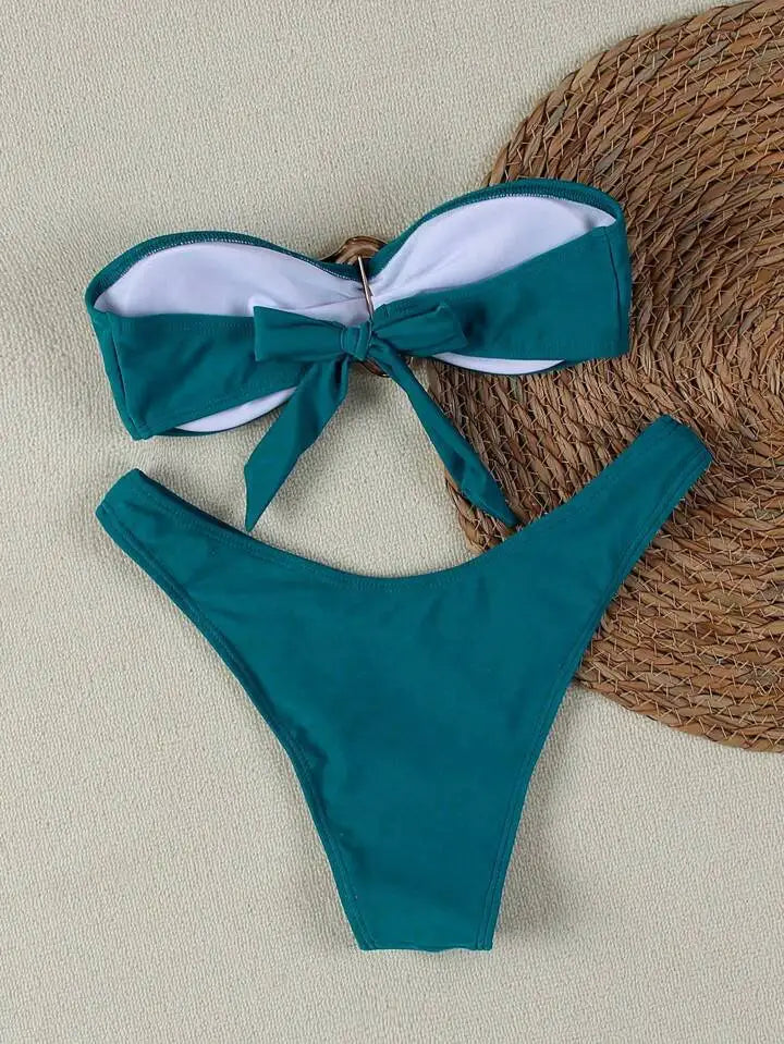 Sexy Solid Strapless Bikini 2 Piece Set Women Split Swimsuit Low Waist Beach Backless Bikini 2025 New Summer Swimwear Bikini Set