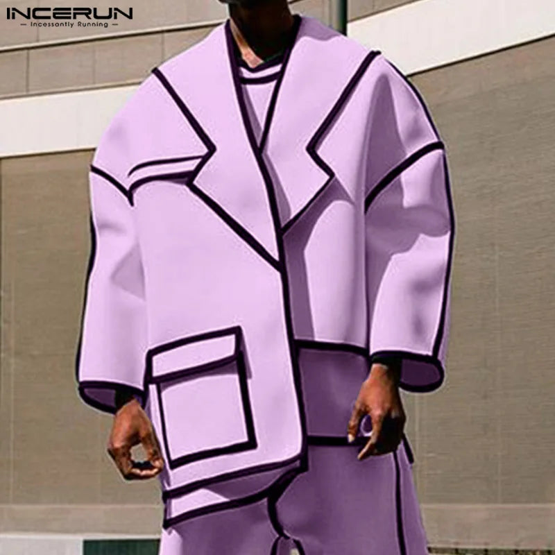 INCERUN Tops 2025 Fashion New Men Patchwork Lines Personality Suit Coat Casual City Walk Male Hot Sale Loose Long Sleeved Blazer