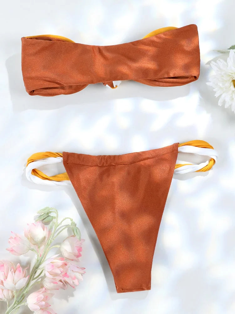 Patchwork Bikini Set for Women, Bandeau Swimsuit, Push Up Swimwear, Sexy Bikinis, High Cut Thong, Brazilian Beachwear, New