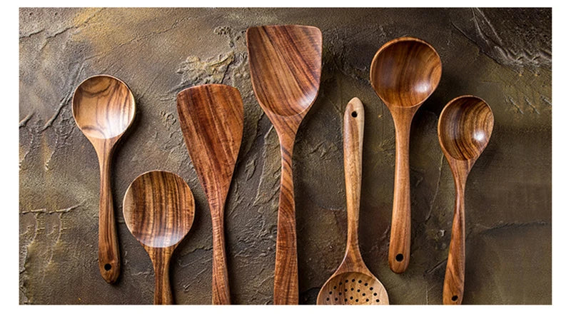 1~9PCS Thailand Teak Natural Wood Tableware Spoon Ladle Turner Long Rice Colander Soup Skimmer Cooking Spoons Scoop Kitchen Tool