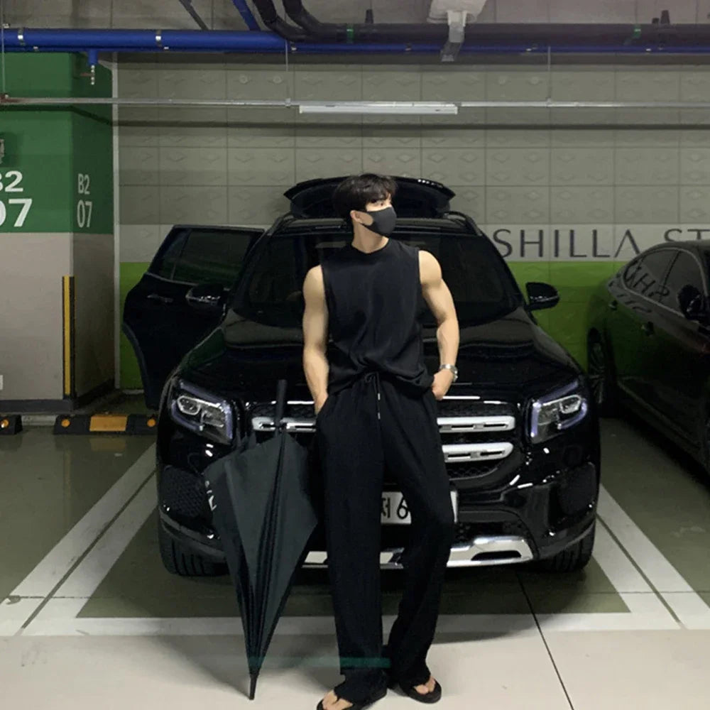 New Summer Clothing Mens Casual Tank Tops Set Luxury Korean Streetwear O Neck Solid Drape Vest and Trousers 2 Piece Suit