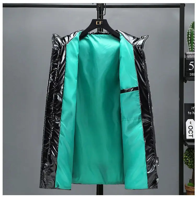 Men's Mid Length Cotton Down Jacket, Thick Down Overcoat, Glossy Coat, Quilted Hoodie, Hat, Winter Trend, Casual, New