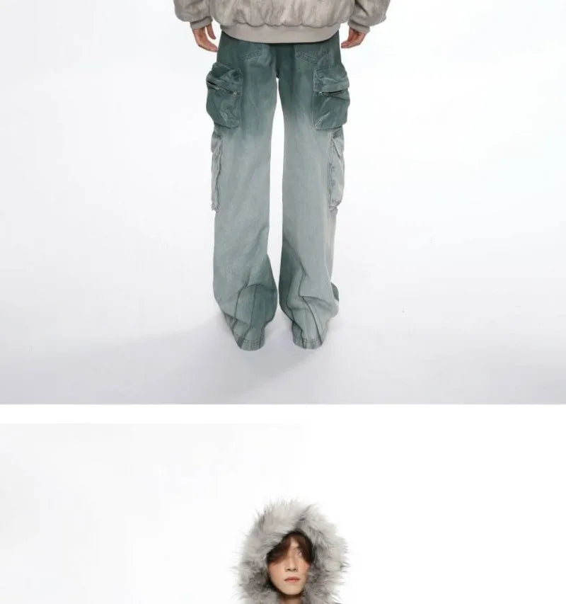 Y2K American New Fashion Solid Color Plus Velvet Padded Cotton-padded Jacket Coat Men Harajuku Hip-hop Popular Casual Couples