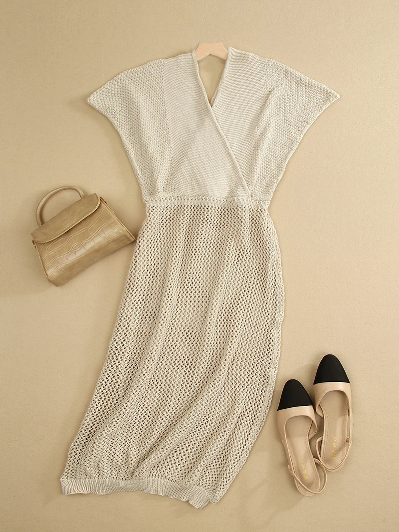2024 White Crochet Tunic Bikini Cover-ups Sexy Hollow Out Long Dress V neck Women Summer Clothes Beach Wear Knitted Cover Up