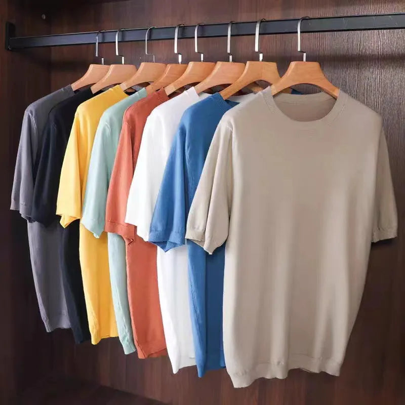 Superfine Merino Cashmere Knitted O-neck T-shirt for Men's Clothing Short Sleeve Tee Solid Color Trend Leisure Tee Tops ﻿